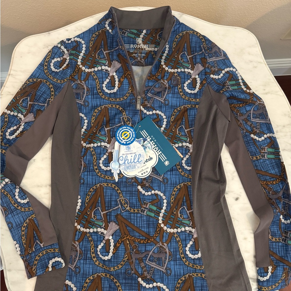 Romfh Blue Brown Gray Equestrian Print Long Sleeve Top